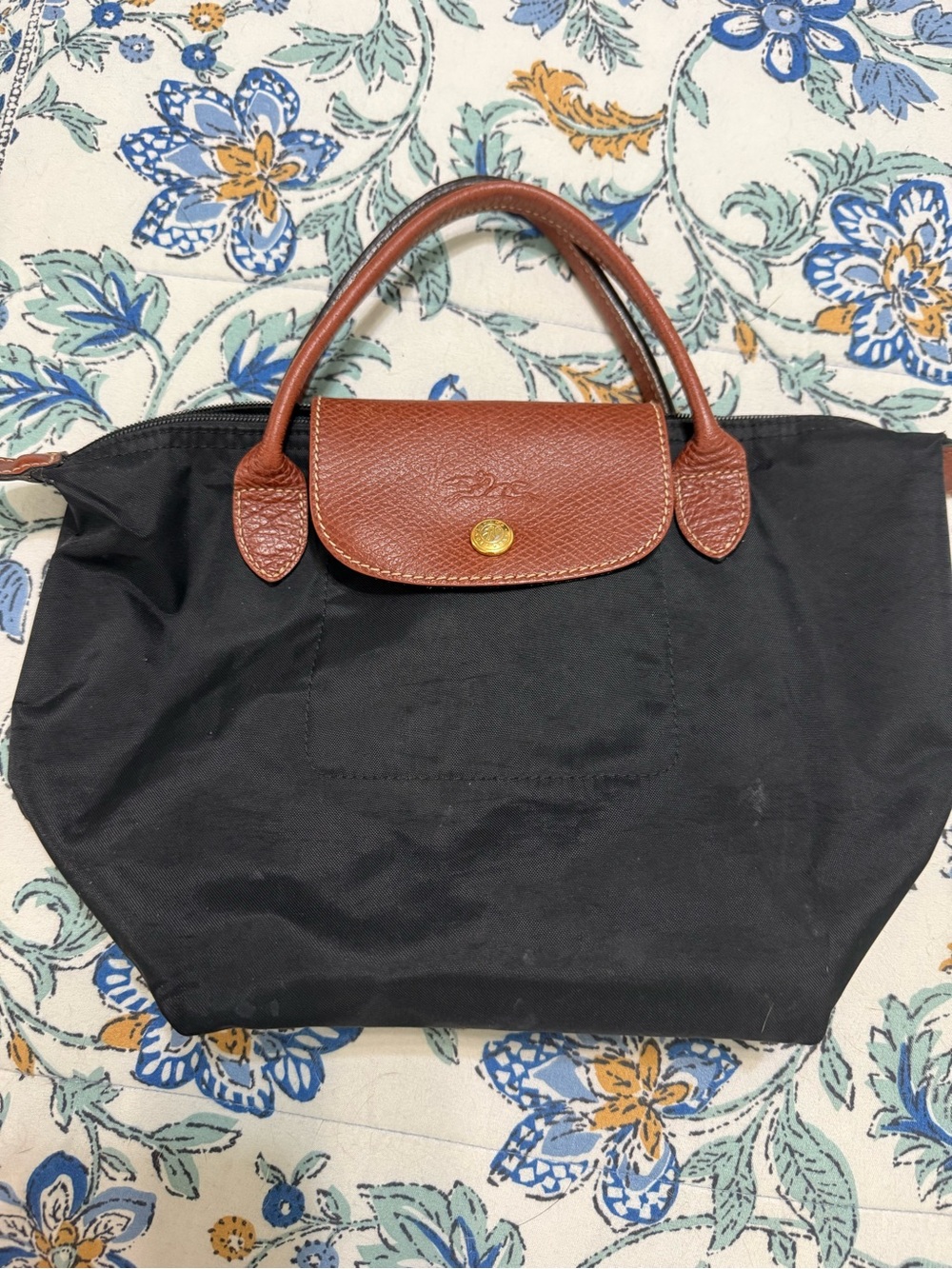 Longchamp Black Nylon Tote with Brown Leather Trim and Handles